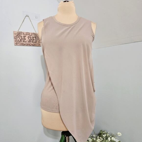Lisa Rinna Twofer Taupe Asymmetric Chiffon Overlay Jersey Knit Tank Top - Picture 1 of 10